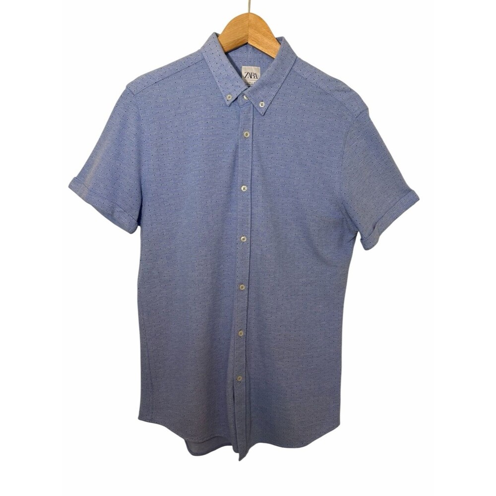 ZARA Shirt Mens L Slim Fit Blue Dot Pattern Short Slv Button Down Stretch Preppy